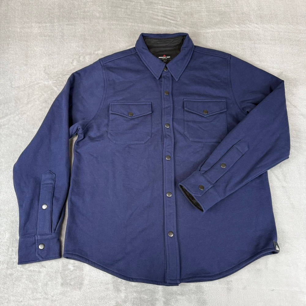 American Giant Redwood Fleece Overshirt Mens Large Navy Blue Snap $168 USA NWOT